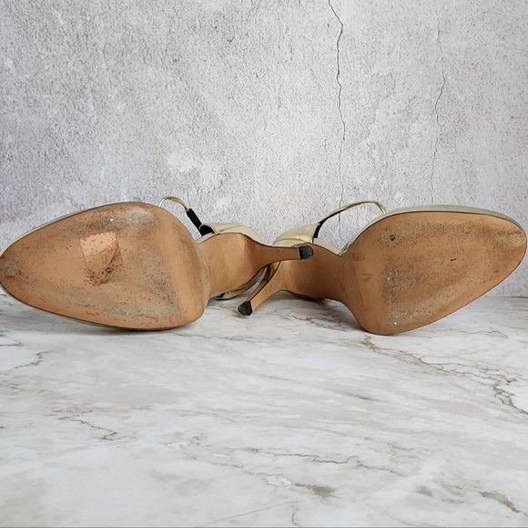 Brian Atwood. Gold Metallic Leather, T Strap Pumps Heels - Picture 8 of 16